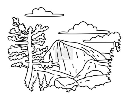 Ilustración de Mono line illustration of North Dome on the Indian Ridge in Yosemite National Park California done in black and white monoline line drawing art style - Imagen libre de derechos