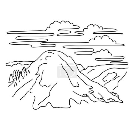Téléchargez les illustrations : Illustration en ligne mono de la montagne Clouds Rest située dans le parc national de Yosemite, Californie États-Unis réalisée en noir et blanc dessin en ligne style art - en licence libre de droit