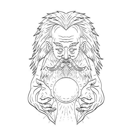 Téléchargez les illustrations : Line art drawing illustration of mystic man with crystal ball viewed from front done in medieval style on isolated background - en licence libre de droit