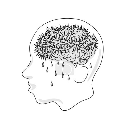 Téléchargez les illustrations : Illustration de dessin d'art de ligne de l'homme avec la dépression montrant le cerveau enveloppé avec la couronne d'épines vue de côté fait dans le style médiéval sur fond isolé - en licence libre de droit