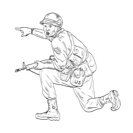 Illustration for Line art drawing illustration of an American Vietnam War soldier with rifle kneeling pointing forward looking at viewer done in medieval style on isolated background - Royalty Free Image