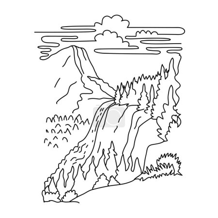 Ilustración de Mono line illustration of Nevada Fall below the Liberty Cap on the Merced River in Yosemite National Park, California United States done in black and white monoline line drawing art style - Imagen libre de derechos