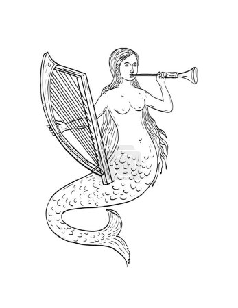 Téléchargez les illustrations : Illustration de dessin de ligne de sirène comme une sirène dans la mythologie grecque jouant de la harpe et de la flûte de corne vue de face faite dans un style médiéval sur fond isolé. - en licence libre de droit