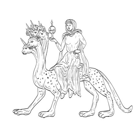 Illustration for Line art drawing illustration of Babylon the Great, Mother of Harlots Whore of Babylon riding seven headed monster in the Book of Revelation in the Bible done in medieval style on isolated background - Royalty Free Image