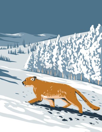 Ilustración de WPA poster art of a cougar, a large cat native to the Americas in Boulder, Colorado in winter seen from side done in works project administration or federal art project style - Imagen libre de derechos