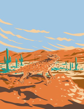 Téléchargez les illustrations : WPA poster art of a desert horned lizard in Saguaro National Park located in the Sonoran Desert, Arizona USA done in works project administration or federal art project style - en licence libre de droit