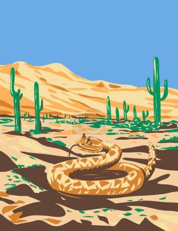 Ilustración de WPA poster art of a western diamondback rattlesnake or Texas diamond-back in Sonoran Desert National Monument, Arizona United States done in works project administration style. - Imagen libre de derechos
