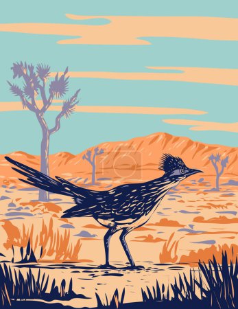 Téléchargez les illustrations : Affiche d'art WPA d'un coureur de route, oiseau chaparral ou coq chaparral dans le parc national Joshua Tree situé dans le désert de Mojave, Californie fait dans l'administration de projet d'œuvres ou style de projet d'art fédéral. - en licence libre de droit