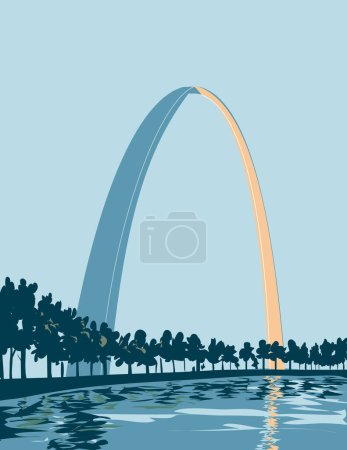 Téléchargez les illustrations : Affiche d'art de la WPA du parc national Gateway Arch situé à St. Louis, Missouri, près du point de départ de l'expédition Lewis et Clark États-Unis fait dans le style de l'administration du projet de travaux. - en licence libre de droit