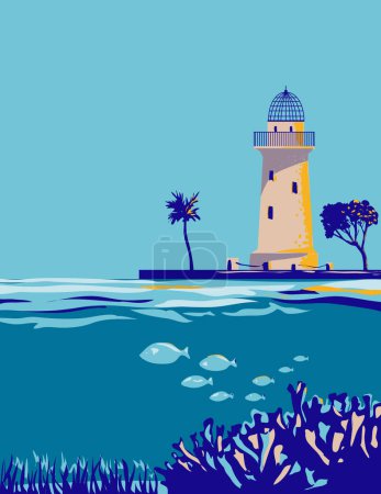 Ilustración de WPA poster art of the Boca Chita Lighthouse in upper Florida Keys in Biscayne National Park, Miami Dade County, Florida USA done in works project administration style or federal art project style. - Imagen libre de derechos