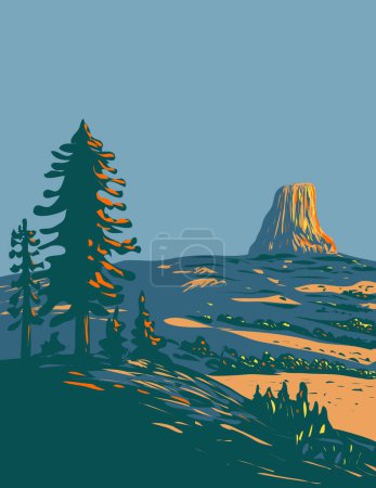 Illustration for WPA poster art of Devils Tower National Monument in Bear Lodge Ranger District of Black Hills, northeastern Wyoming during summer done in works project administration or federal art project style. - Royalty Free Image