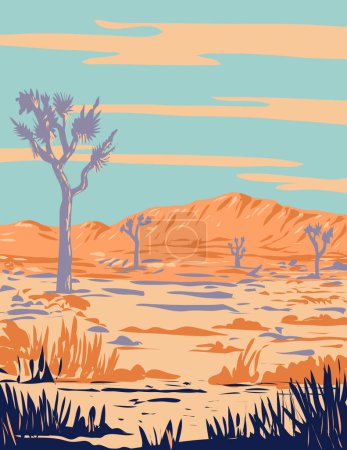 Téléchargez les illustrations : Affiche d'art WPA du parc national Joshua Tree situé dans le désert de Mojave, Californie pendant l'été fait dans l'administration de projet d'œuvres ou style de projet d'art fédéral. - en licence libre de droit