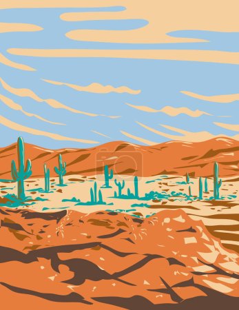 Ilustración de Arte del cartel del WPA del Parque Nacional Saguaro ubicado en el desierto de Sonora, Arizona, EE.UU. durante el verano realizado en la administración del proyecto de obras o el estilo de proyecto de arte federal - Imagen libre de derechos