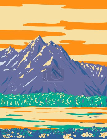 Ilustración de Arte del cartel del WPA del Parque Nacional Grand Teton durante la primavera ubicado en el noroeste de Wyoming Estados Unidos de América hecho en la administración de proyectos de obras. - Imagen libre de derechos