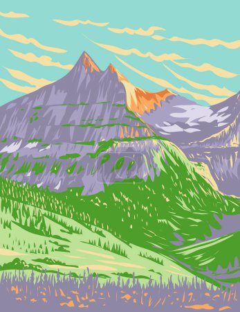Téléchargez les illustrations : Affiche d'art WPA du parc national des Glaciers au printemps situé dans le nord-ouest du Montana États-Unis d'Amérique fait dans l'administration du projet de travaux. - en licence libre de droit
