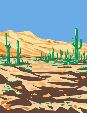 Illustration for WPA poster art of Sonoran Desert National Monument, Arizona United States during summer done in works project administration style. - Royalty Free Image