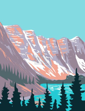 Illustration for WPA poster art of Moraine Lake a glacially fed lake in Banff National Park located outside the hamlet of Lake Louise, Alberta, Canada done in works project administration or federal art project style. - Royalty Free Image