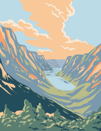 Illustration for WPA poster art of Akami-Uapishku-KakKasuak Mealy Mountains National Park Reserve in the Labrador region of Newfoundland and Labrador Canada done in works project administration. - Royalty Free Image