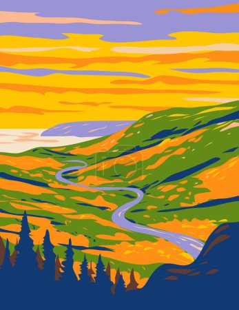 Téléchargez les illustrations : Affiche d'art de la WPA du parc national des Hautes-Terres-du-Cap-Breton à l'automne ou à l'automne située dans le nord de l'île du Cap-Breton en Nouvelle-Écosse.. - en licence libre de droit