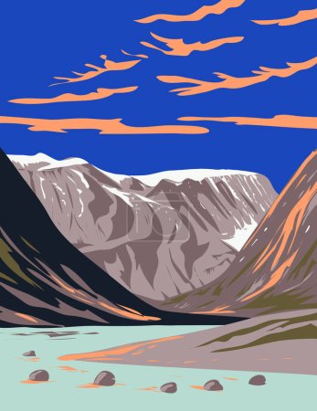 Ilustración de Arte póster WPA del Parque Nacional Auyuittuq con desembocadura del río Comadreja y Monte Overlord en la península de Cumberland en la región de Qikiqtaaluk de Nunavut en Canadá hecho en la administración de proyectos de obras. - Imagen libre de derechos