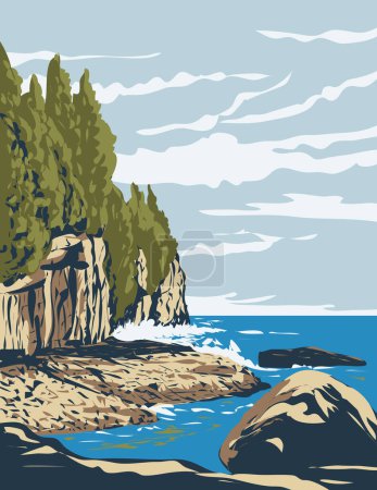 Ilustración de Arte del cartel del WPA del parque nacional de la península de Bruce en la península de Bruce en Ontario, Canadá hecho en la administración del proyecto de obras - Imagen libre de derechos