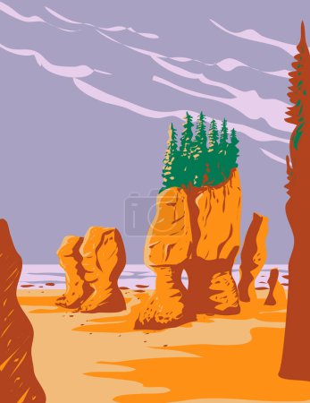 WPA poster art of Hopewell Rocks in Fundy National Park located on the Bay of Fundy near the village of Alma, New Brunswick, Canada done in works project administration.