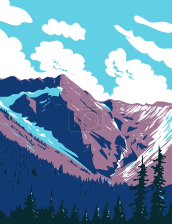 Illustration for WPA poster art of Illecillewaet Glacier in Selkirk Mountains within the Glacier National Park in British Columbia, Canada done in works project administration. - Royalty Free Image