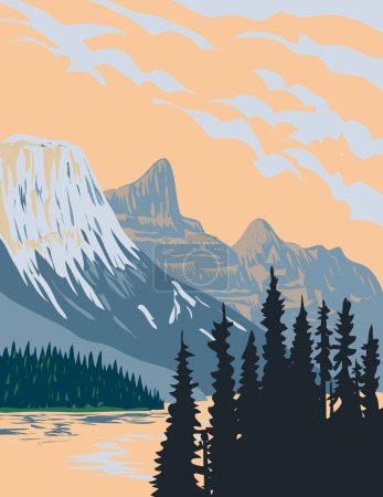 Ilustración de Arte del cartel del WPA del Parque Nacional Jasper ubicado en las Montañas Rocosas Canadienses en Alberta, Canadá, realizado en la administración de proyectos de obras. - Imagen libre de derechos