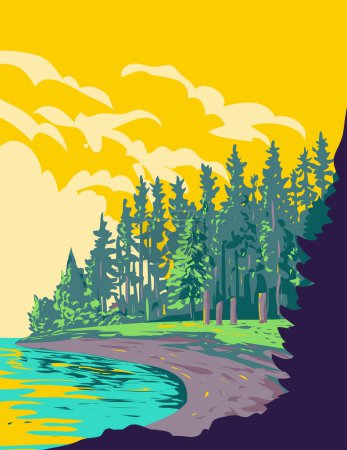 WPA poster art of Gwaii Haanas National Park Reserve, National Marine Conservation Area and Haida Heritage Site in southernmost Haida Gwaii, British Columbia, Canada in works project administration.
