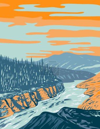 Ilustración de Arte del cartel del WPA del Parque Nacional Ivvavik o del Parque Nacional del Yukón del Norte que muestra los rápidos de la ranura de ovejas en el río Firth ubicado en Yukón, Canadá en la administración de proyectos de obras. - Imagen libre de derechos