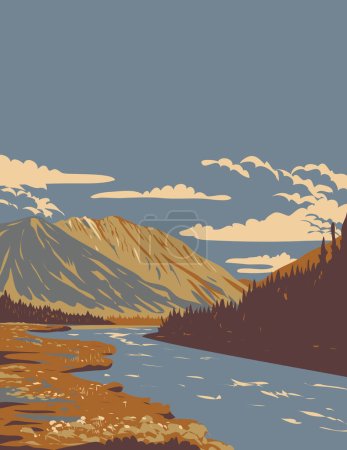 Illustration for WPA poster art of Quill Creek in Kluane National Park and Reserve in the southwest corner of the territory of Yukon, Canada done in works project administration. - Royalty Free Image