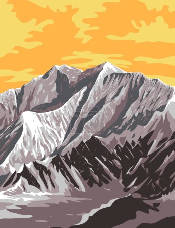 Arte del cartel del WPA del Monte Logan dentro del Parque Nacional y Reserva de Kluane en el territorio de Yukón, Canadá hecho en la administración de proyectos de obras.