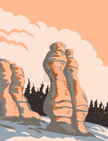Ilustración de WPA arte cartel de monolitos del Parque Nacional del Archipiélago de Mingan Reserva ubicada en la zona oriental de Quebec en la orilla norte del Golfo de San Lorenzo, Canadá, hecho en la administración de proyectos de obras. - Imagen libre de derechos