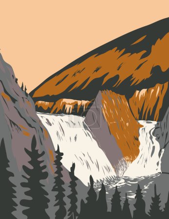 Ilustración de Arte del cartel de WPA de Virginia Falls y Mason 's Rock dentro de la Reserva del Parque Nacional Nahanni en la Región Dehcho de los Territorios del Noroeste, Canadá hecho en la administración de proyectos de obras. - Imagen libre de derechos