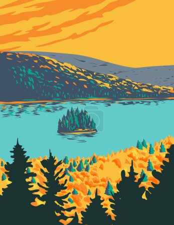 Ilustración de WPA cartel arte de la isla de Pines en el lago Wapizagonke dentro del Parque Nacional La Mauricie cerca de Shawinigan en las montañas Laurentian, región de Mauricie de Quebec, Canadá hecho en la administración de proyectos de obras. - Imagen libre de derechos