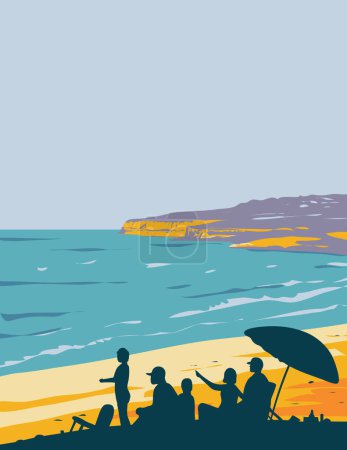 Illustration for WPA poster art of Cavendish Beach on Prince Edward Island National Park in province of Prince Edward Island fronting the Gulf of St. Lawrence, Canada done in works project administration - Royalty Free Image