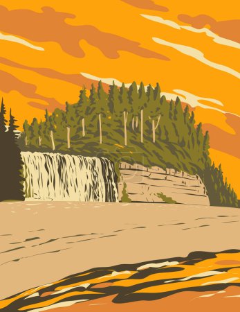 Ilustración de Arte del cartel de WPA de las cataratas de Tsusiat en el sendero de la costa oeste en Pacific Rim National Park Reserve ubicado en Columbia Británica, Canadá hecho en la administración de proyectos de obras. - Imagen libre de derechos