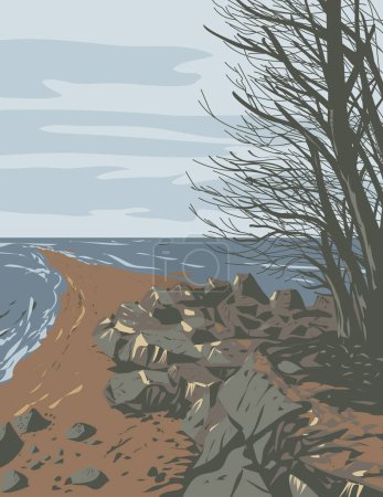 Téléchargez les illustrations : Affiche d'art de la WPA du parc national de la Pointe-Pelée dans le comté d'Essex dans le sud-ouest de l'Ontario, Canada réalisée dans l'administration de projet d'œuvres ou style de projet d'art fédéral. - en licence libre de droit