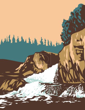 Illustration for WPA poster art of Cascade River Falls in Pukaskwa National Park located Marathon in Thunder Bay District of northern Ontario, Canada done in works project administration or federal art project style. - Royalty Free Image