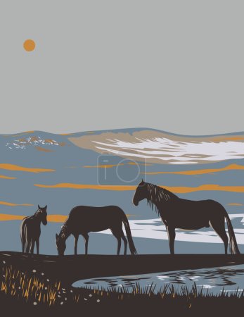 Ilustración de Arte del cartel del WPA de caballos en la reserva de la isla de Sable situada al sureste de Halifax, Nueva Escocia en Canadá en la administración del proyecto de obras o el estilo del proyecto de arte federal. - Imagen libre de derechos