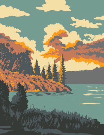 Illustration for WPA poster art of Deep Lake in Riding Mountain National Park located in Manitoba, Canada done in works project administration or federal art project style. - Royalty Free Image