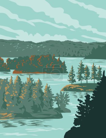 Illustration for WPA poster art of Thousand Islands National Park formerly the St. Lawrence Islands National Park on the 1000 Islands Parkway of the Saint Lawrence River in Canada done in works project administration. - Royalty Free Image