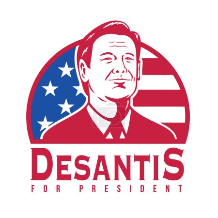 Illustration for Apr 11, 2023 AUCKLAND, NEW ZEALAND: Illustration of Republican Governor Ronald Dion DeSantis who is predicted to run for president in 2024 with American flag done in retro style on white background. - Royalty Free Image