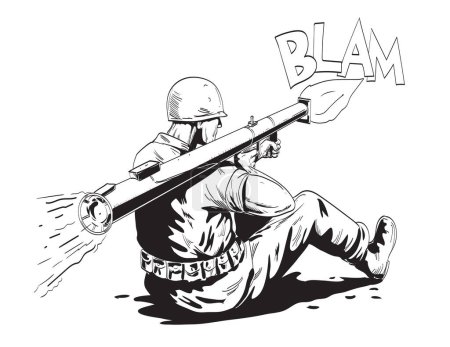 Téléchargez les illustrations : Dessin de style BD ou illustration d'un soldat GI américain de la Seconde Guerre mondiale tirant bazooka ou poêle vue de l'arrière sur fond isolé dans un style rétro noir et blanc. - en licence libre de droit