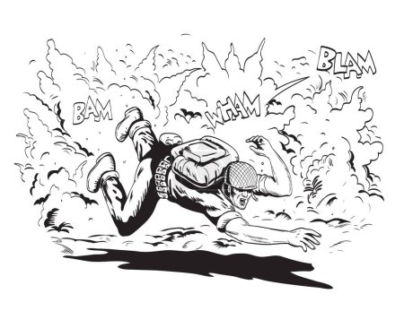 Ilustración de Dibujo de estilo cómico o ilustración de una guerra mundial Dos soldados estadounidenses GI que se sumergen para cubrirse en explosiones bombardeo bombardeo fuego de mortero sobre fondo aislado en blanco y negro estilo retro. - Imagen libre de derechos