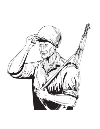 Illustration for Comics style drawing or illustration of a World War Two American GI soldier tipping lifting his helmet viewed from side on isolated background done in black and white retro style. - Royalty Free Image
