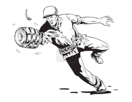 Ilustración de Dibujo de estilo cómico o ilustración de una guerra mundial Dos soldados GI estadounidenses lanzan granada de mano vista desde el frente sobre un fondo aislado hecho en estilo retro blanco y negro. - Imagen libre de derechos
