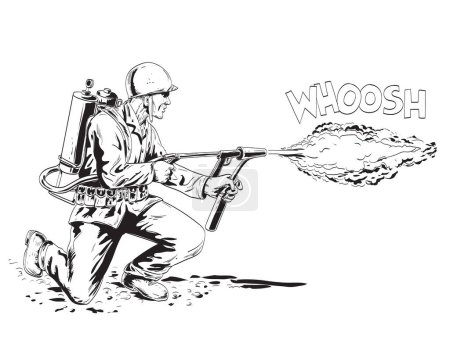Téléchargez les illustrations : Dessin de style BD ou illustration d'un soldat GI américain de la Seconde Guerre mondiale tirant M2 lance-flammes vue de côté sur fond isolé fait dans un style rétro noir et blanc. - en licence libre de droit
