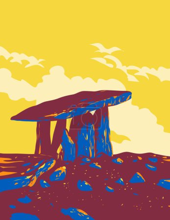 Téléchargez les illustrations : Affiche d'art WPA de Poulnabrone Dolmen dans le parc national de Burren avec un paysage karstique dans le comté de Clare sur la côte ouest de la République d'Irlande fait dans l'administration de projet de travaux ou style Art déco. - en licence libre de droit