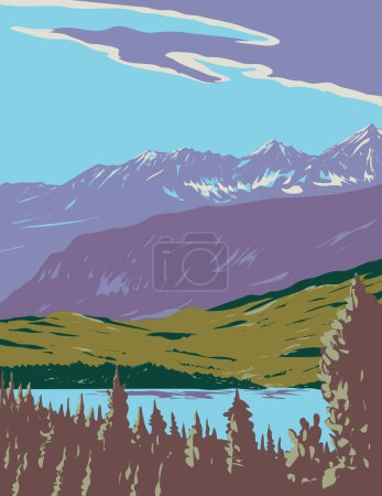 Téléchargez les illustrations : Affiche d'art de la WPA du lac Emerald dans le parc national Yoho dans les montagnes Rocheuses sur le versant ouest de la division continentale des Amériques en Colombie-Britannique, Canada fait dans l'administration du projet de travaux. - en licence libre de droit